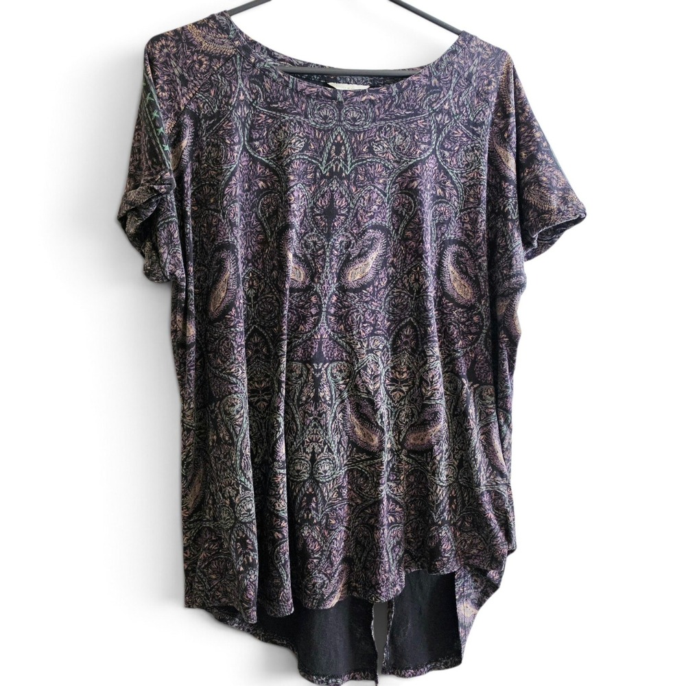 Lucky Brand Paisley Print Split High Low Hem Short Sleeve Top Women 1X Multi